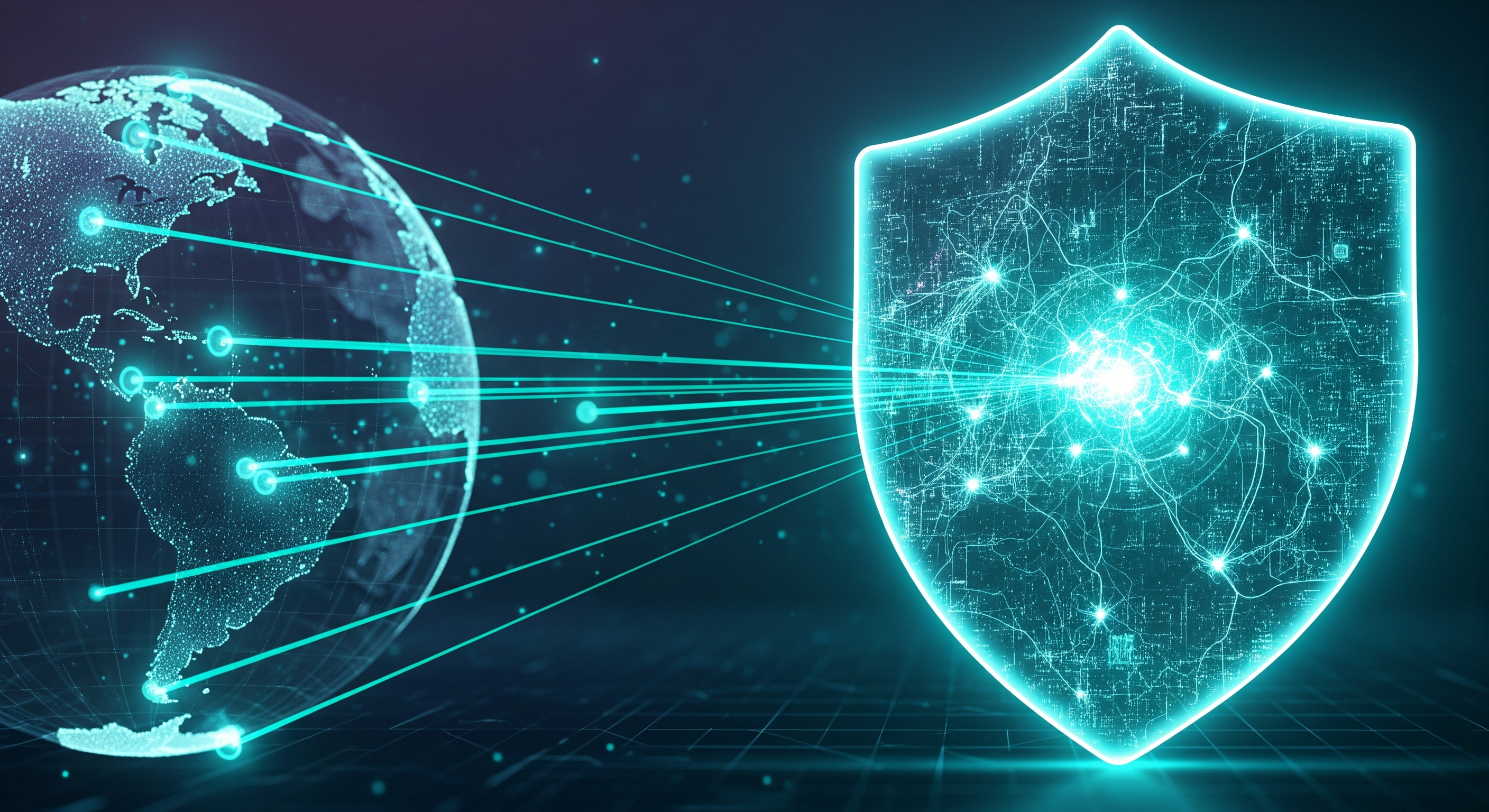 Abstract image of a digital shield made of predictive data graphs and neural networks, forecasting threat lines across a virtual globe, cinematic depth, glowing teal hues.