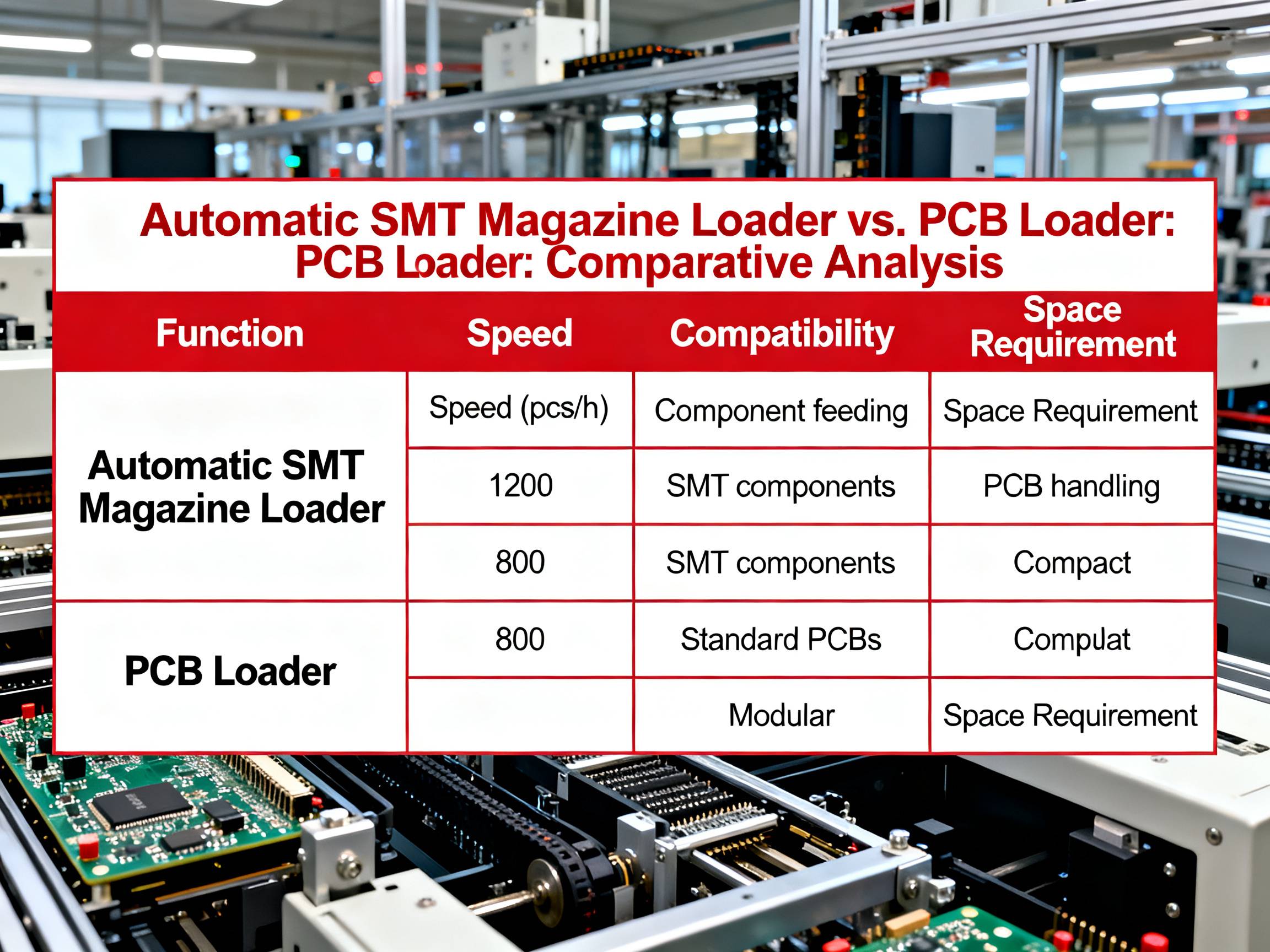 SMT and PCB loaders comparison table.