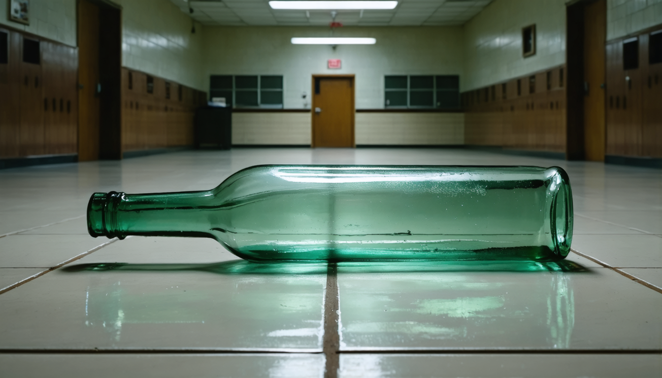 A large glass bottle lying on its side in an empty institutional room, its cork removed and nothing inside, fluorescent light casting flat shadows on linoleum floor.