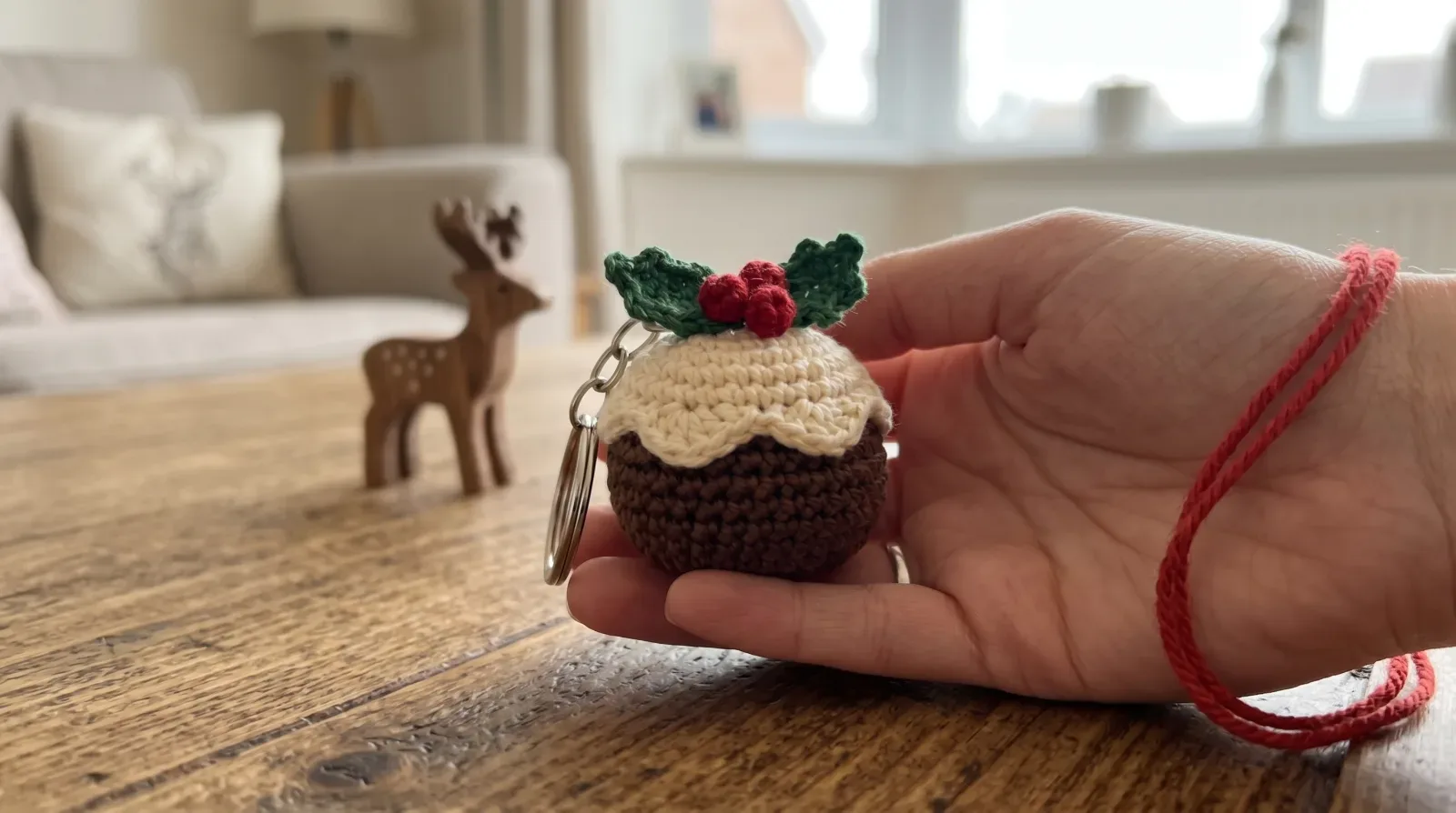 Mini Christmas Pudding Crochet Charm close-up preview