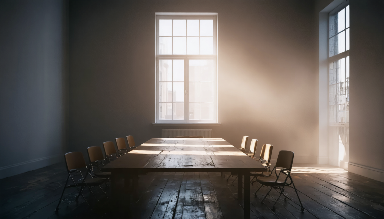 An empty room at night lit only by a window, dust visible in the still air, chairs slightly out of place.