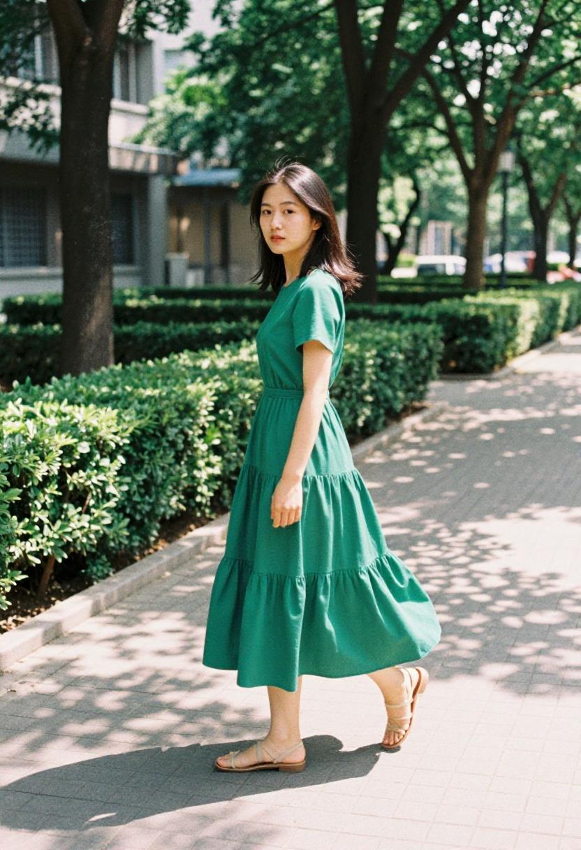 Emerald green tiered dress against a park hedge maze in spring