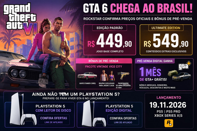 GTA 6 chega ao Brasil por R$ 449 e Ultimate Edition custará R$ 549