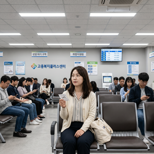 고용복지플러스센터 대기실에서 번호표를 들고 기다리는 한국 구직자들의 모습