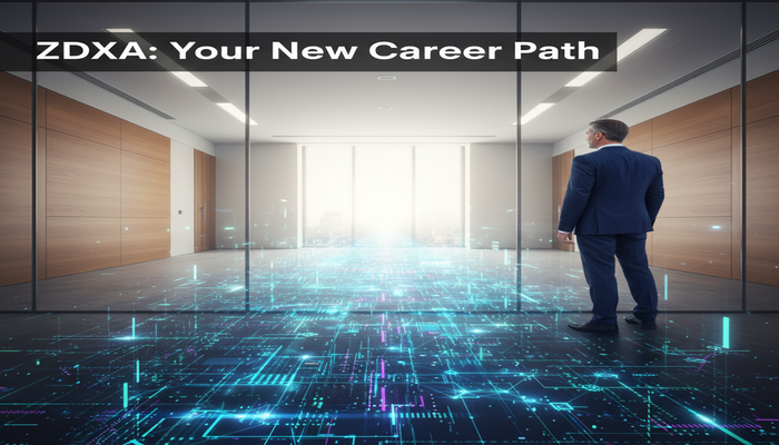 ZDXA: Your New Career Path A professional adult looking confidently at a vibrant, abstract digital pathway that symbolizes a clear career switch and future opportunities in cloud security and digital experience, representing the ZDXA exam.