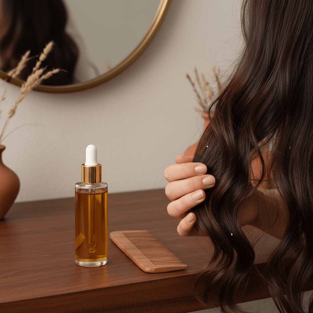 Hands massaging warm oil into dry hair at the scalp