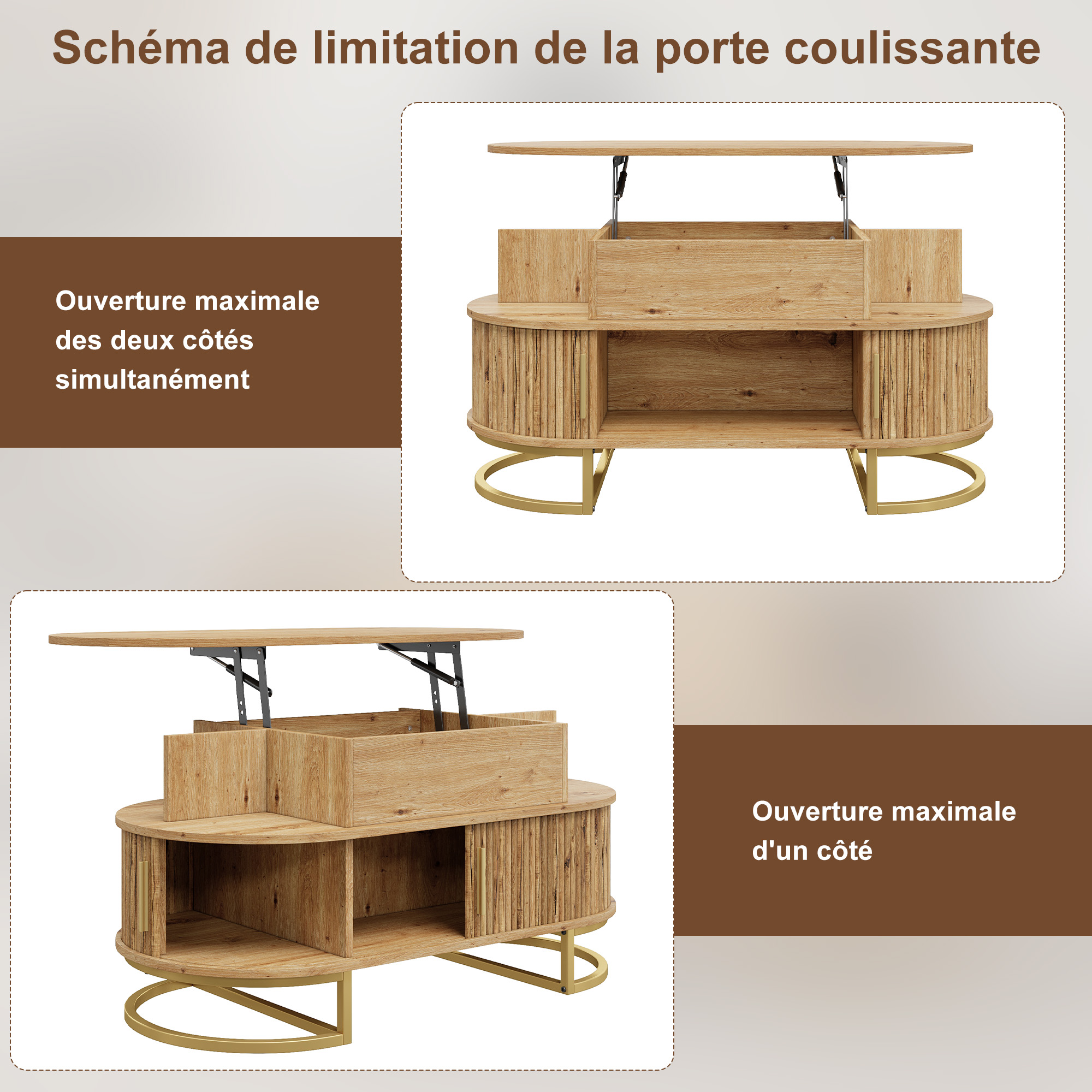 Table Basse Naturel, 1 Porte, Rangement, Étagères Réglables, Plan Relevable, Portes Coulissantes - Panneau composite de fibres de bois à densité et Métal - 100x50x64cm 4