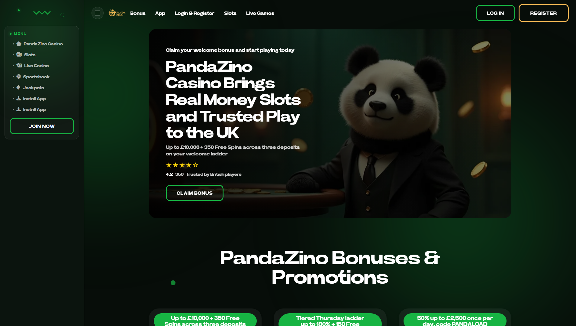 Forensic screenshot of pandazino-casino.com showing the phishing page layout