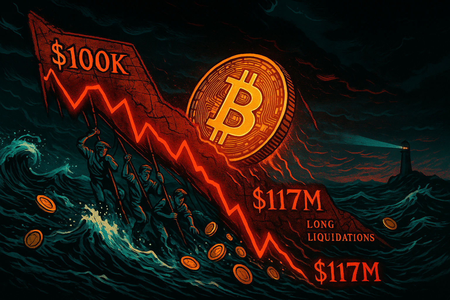 Illustration of Bitcoin price drop below $100K leading to massive trader liquidations