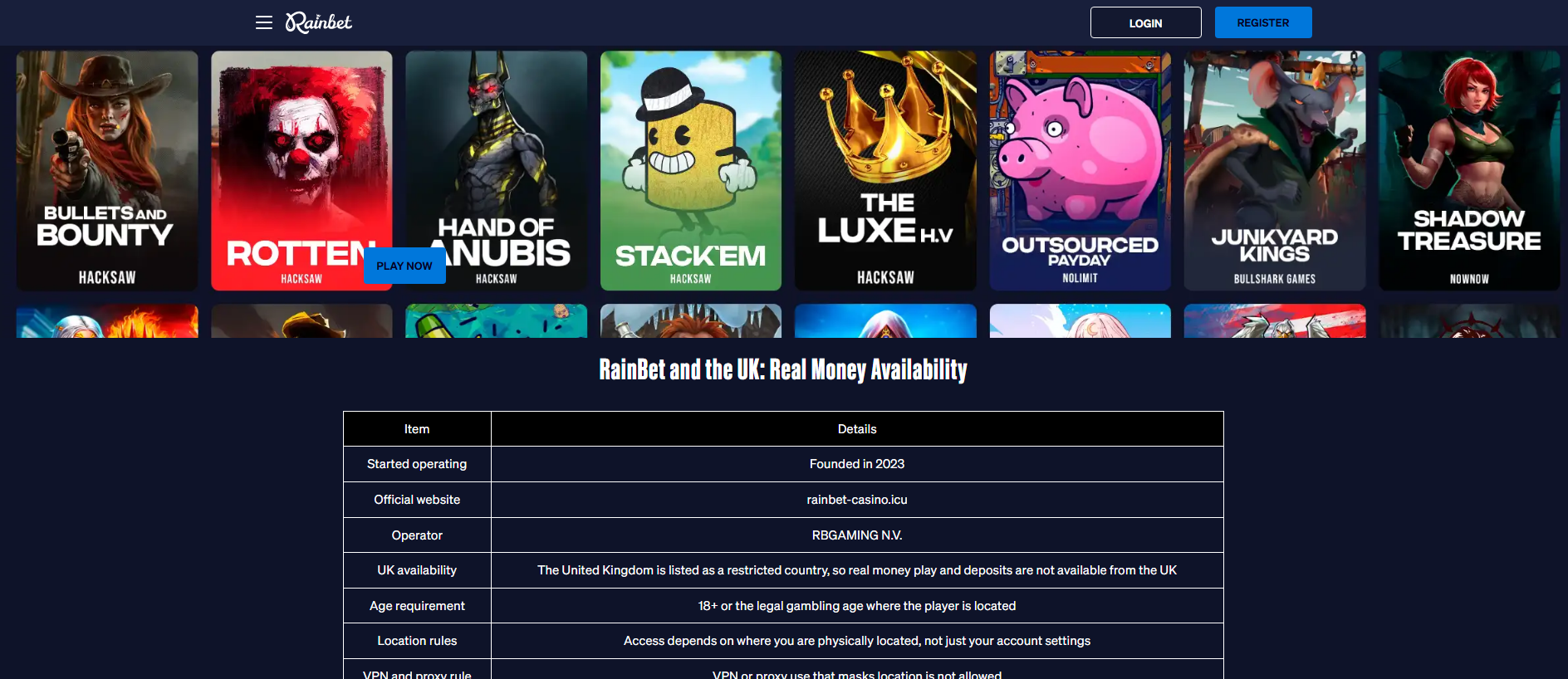 Forensic screenshot of rainbet-casino.icu showing the phishing page layout