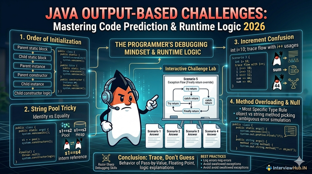 Java output based interview questions by InterviewHub featuring tricky code snippets, runtime behavior, string pool, inheritance, exception handling, and Java logic explanations.