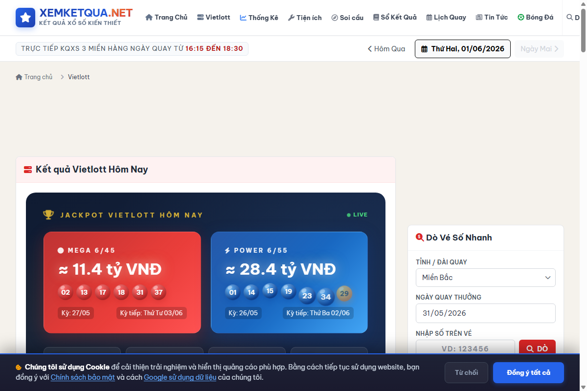 Hướng dẫn cách xem và sử dụng Xổ số Vietlott Mega 6/45 trên Xemketqua.net