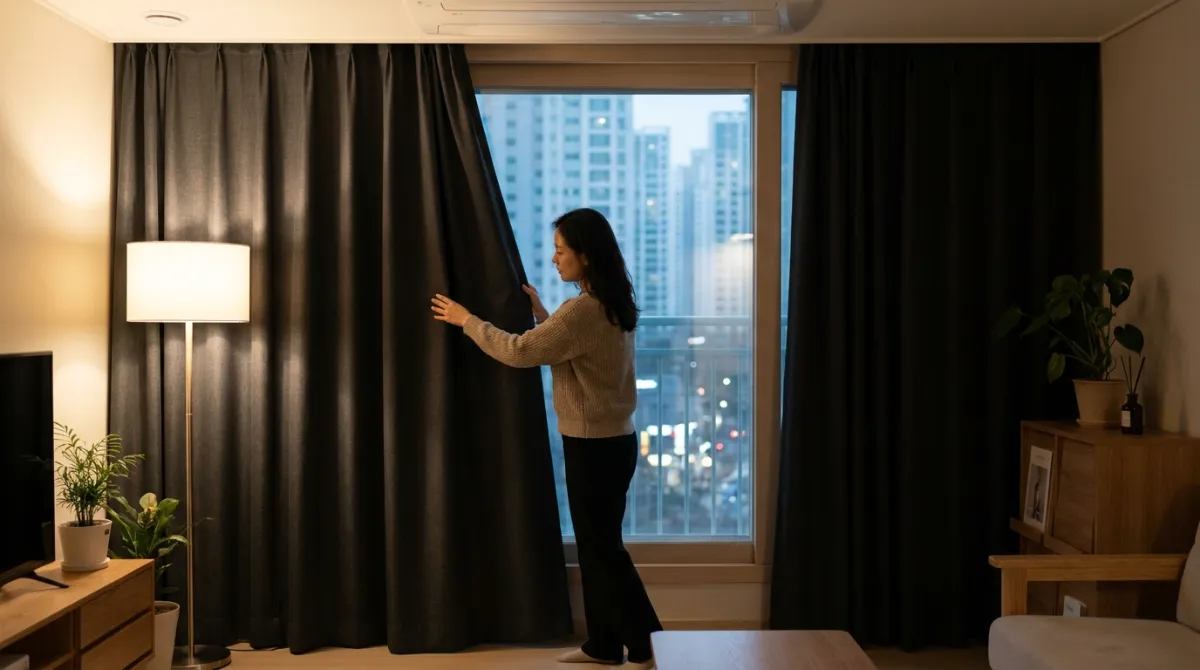 30대 한국인이 거실 창가에 설치된 두꺼운 암막 커튼을 만져보는 모습, 은은한 실내 조명