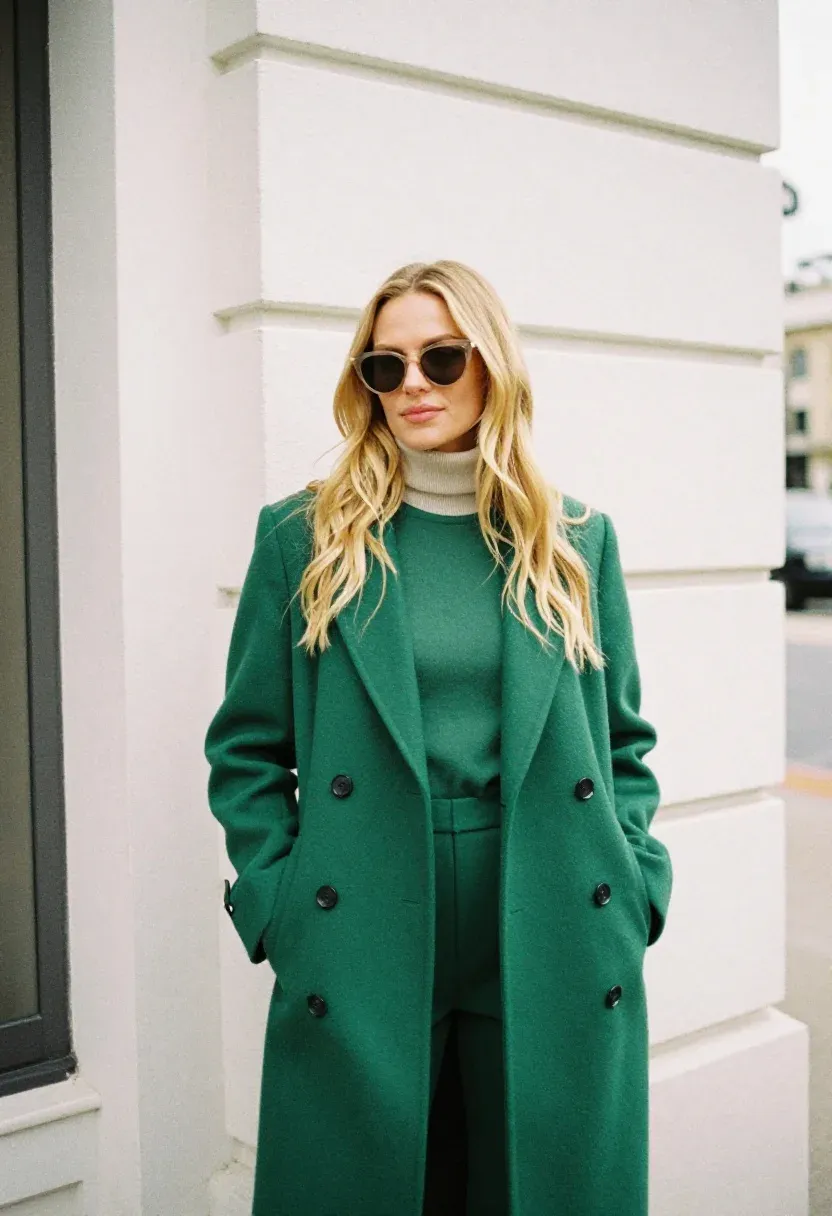 Athletic woman in an emerald green tailored overcoat standing outside a white architectural building