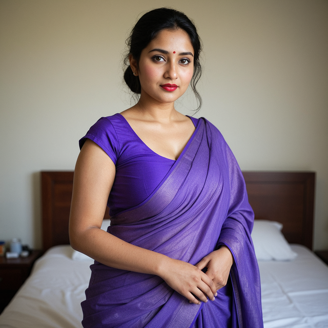 Anu in violet saree getting ready to office