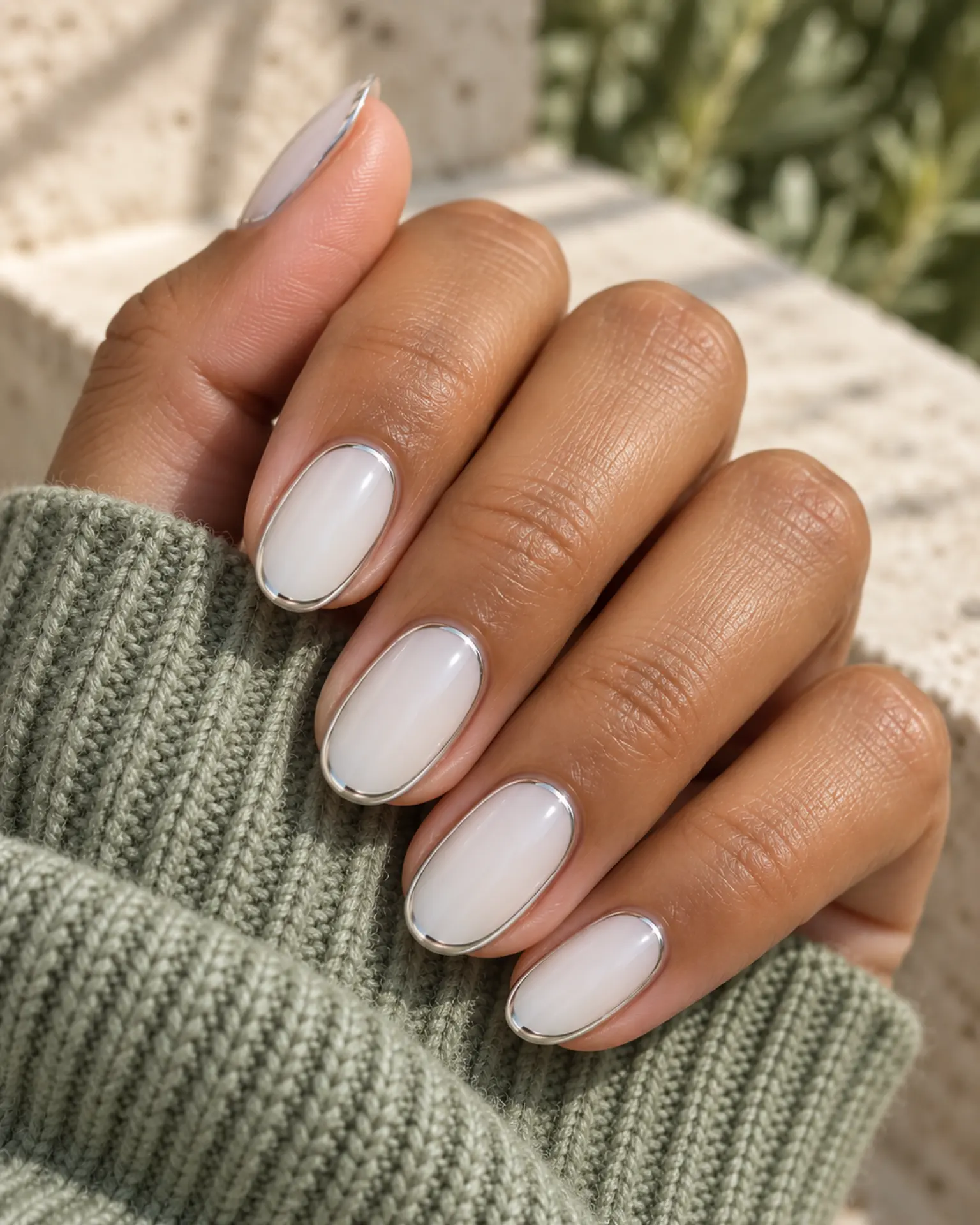 White Chrome Outline manicure inspiration for white nail ideas