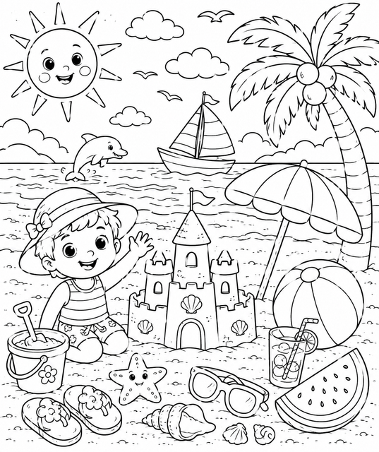 Printable Summer Beach Fun colouring page for kids