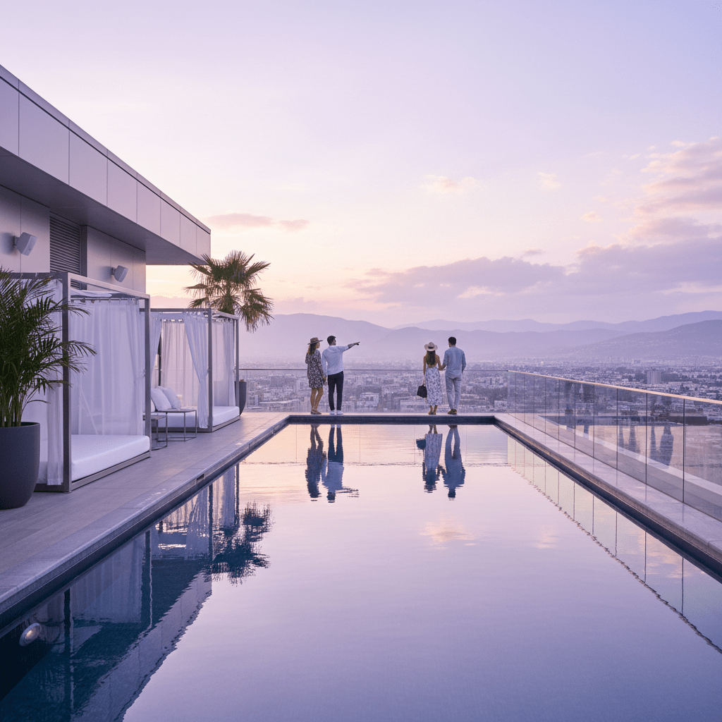 A bright rooftop pool and modern hotel skyline at golden hour
