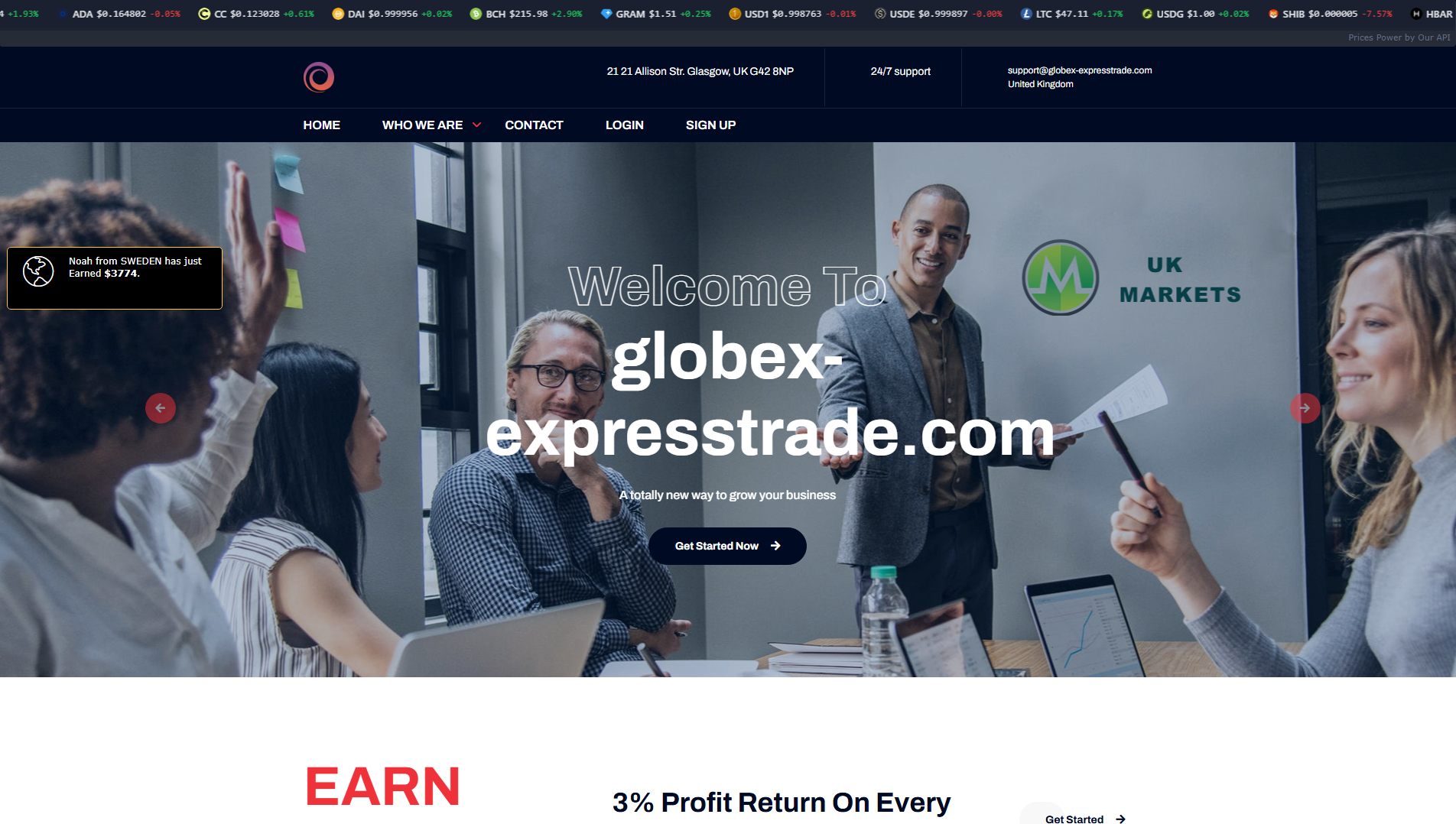 Forensic screenshot of globex-expresstrade.com showing the phishing page layout