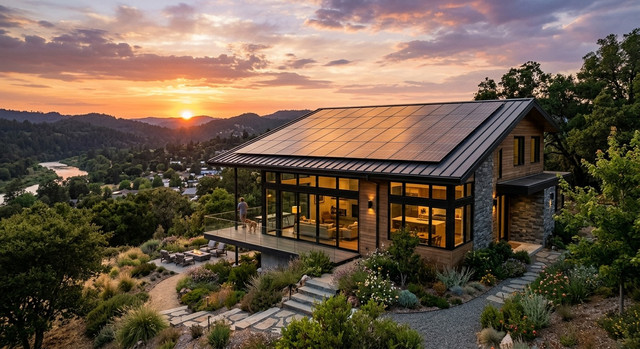 A modern house with solar panels on its roof at sunset.