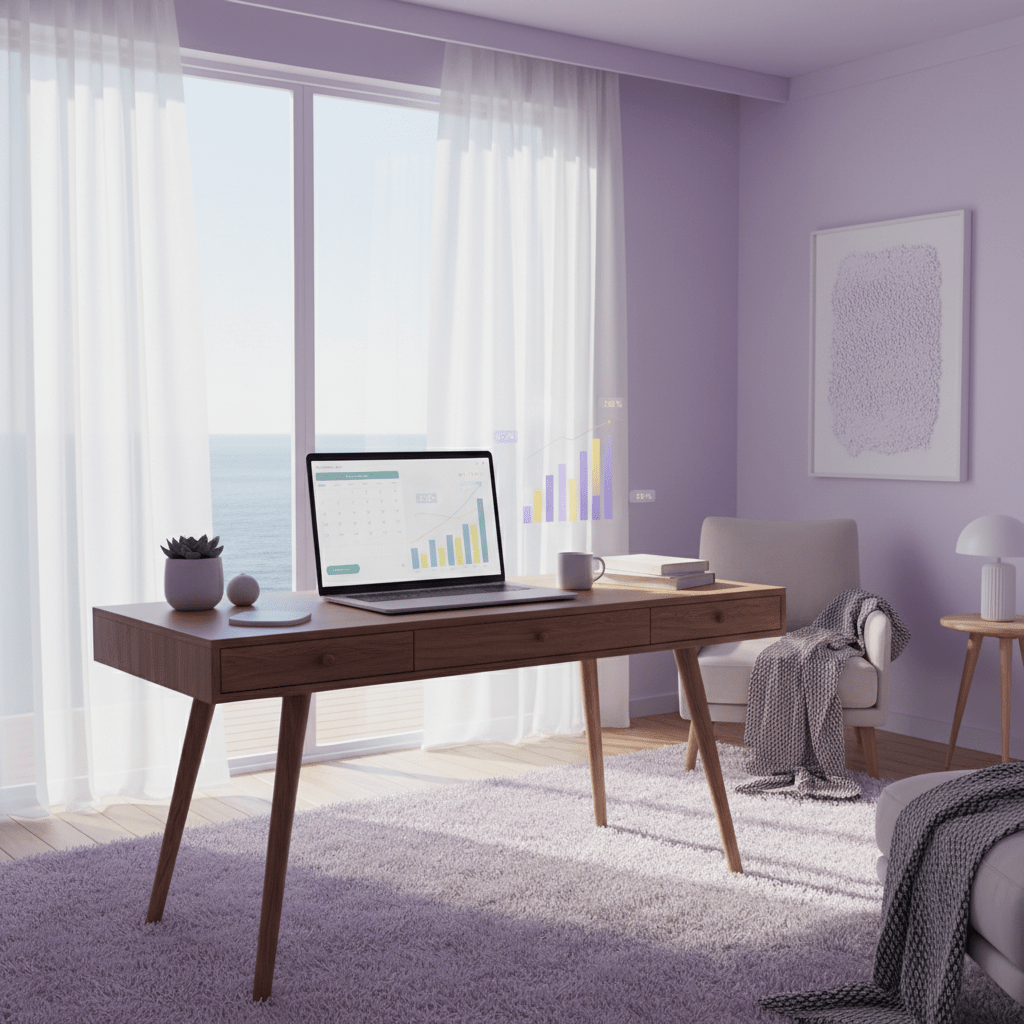 Modern vacation rental interior with pricing calendar and analytics screen