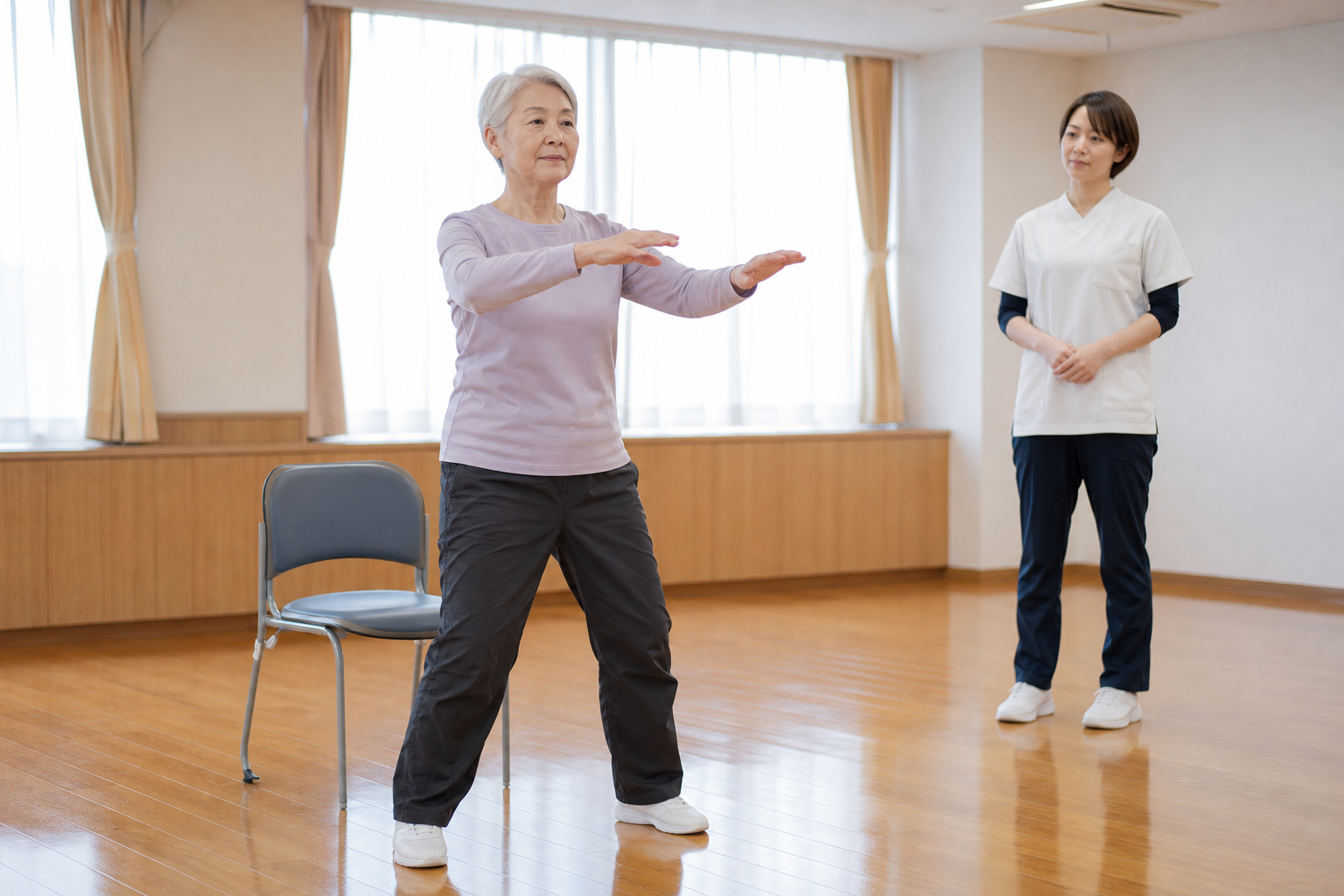 椅子をそばに置き、専門職の見守りで八段錦のようなゆっくりした運動を行う様子