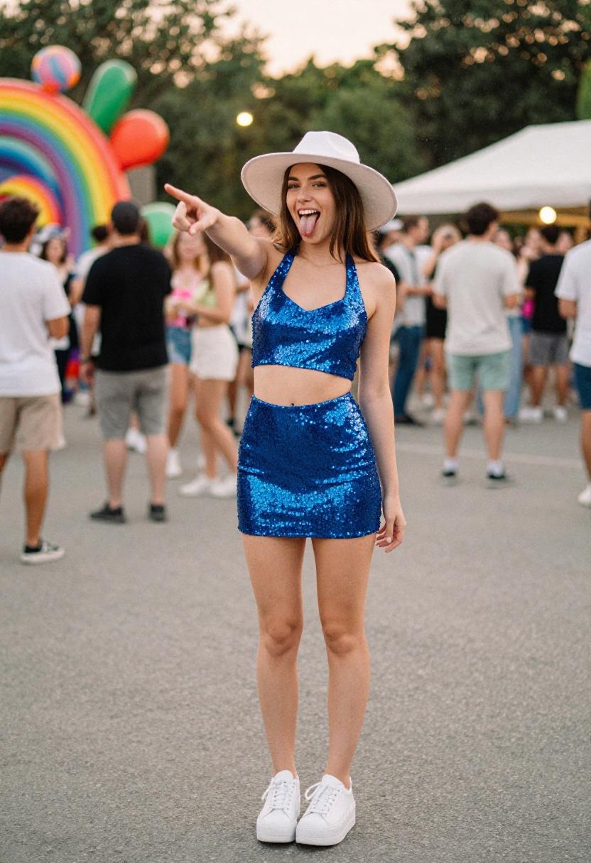 Cobalt blue sequined co-ord set with wide-brim hat for bachelorette party