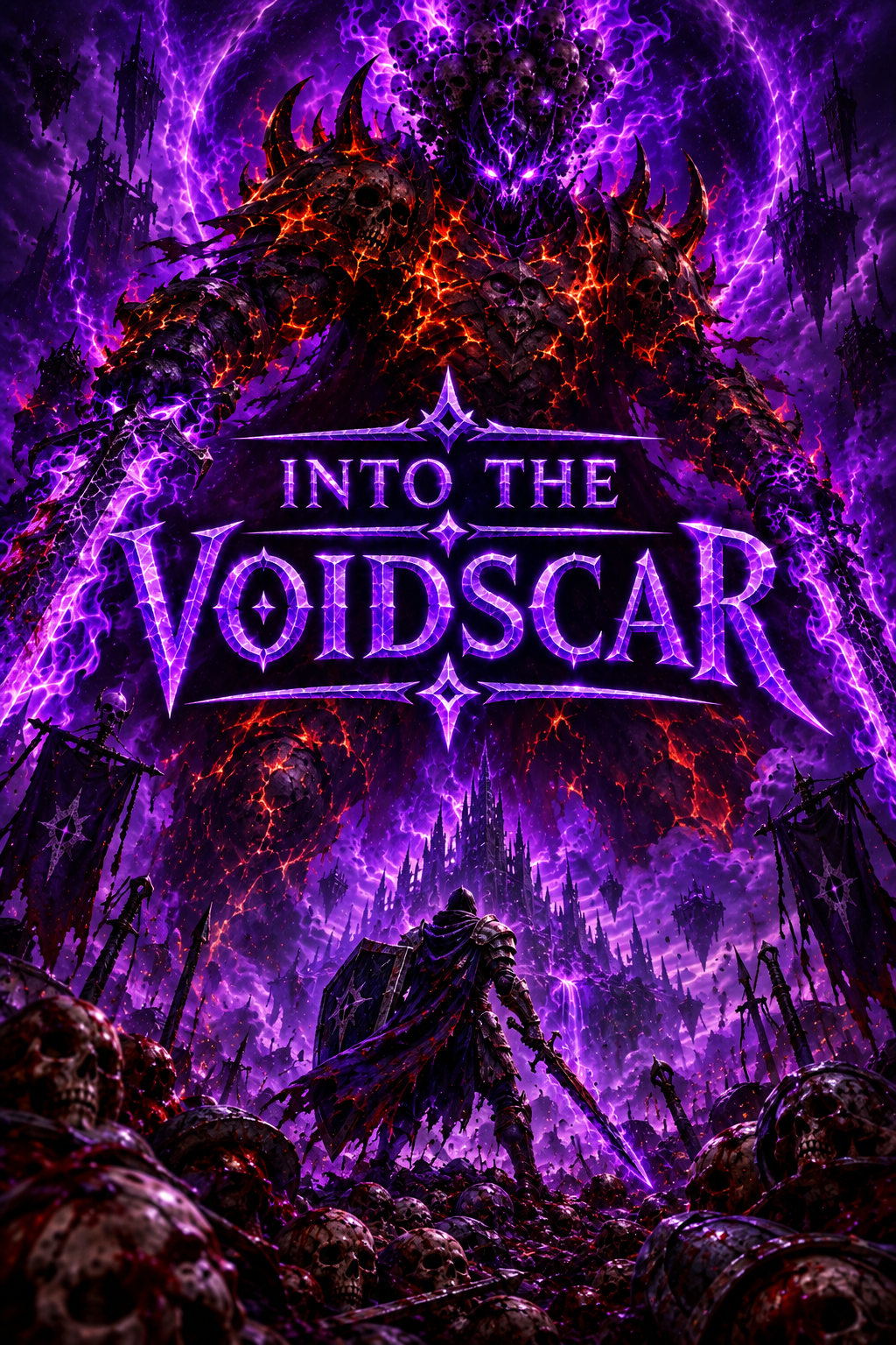 A lone knight stands on a mountain of skulls before a colossal demon formed of purple fire and bone, beneath a storm-lit sky and ruined banners.