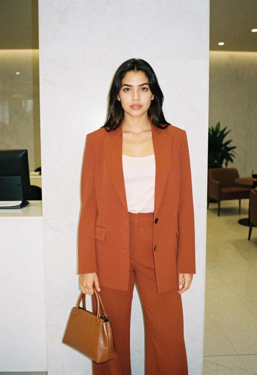 Woman in terracotta wide-leg suit for business travel