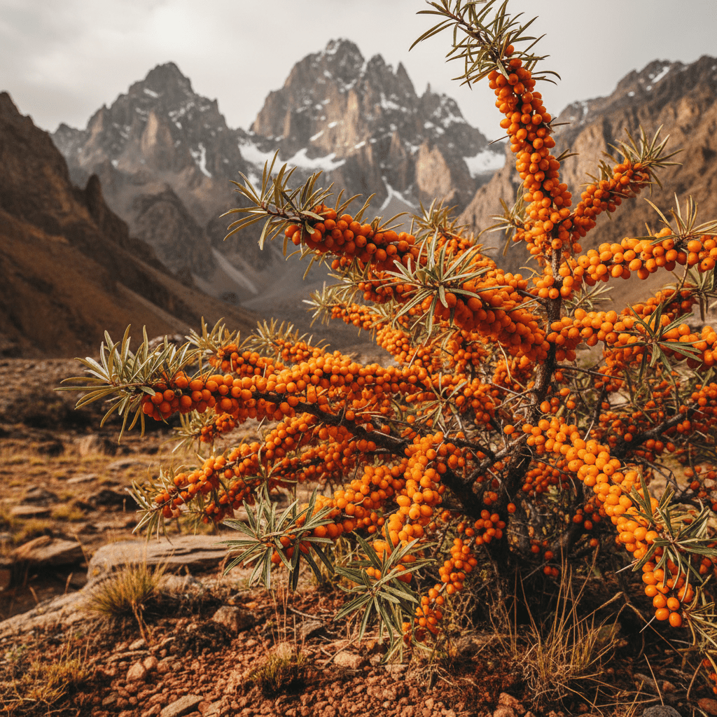 Sea buckthorn shrub with vivid orange berries in a rugged Himalayan landscape