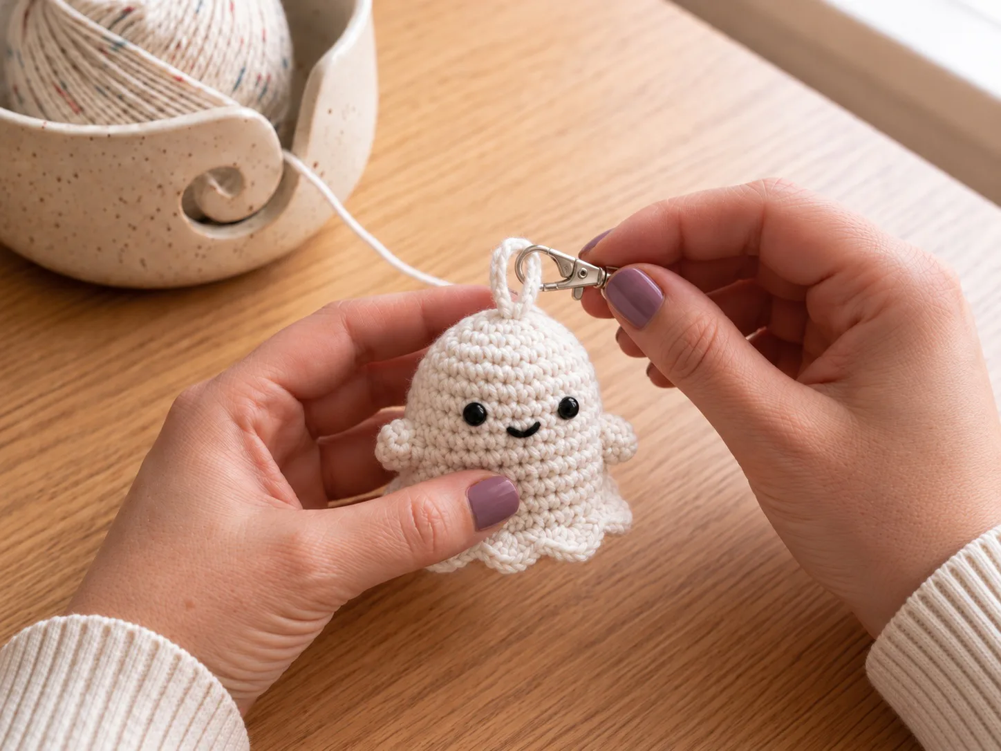 Attach the charm loop — Add a small loop at the top and secure the keyring or lobster clasp so the ghost can hang from a bag or keys.