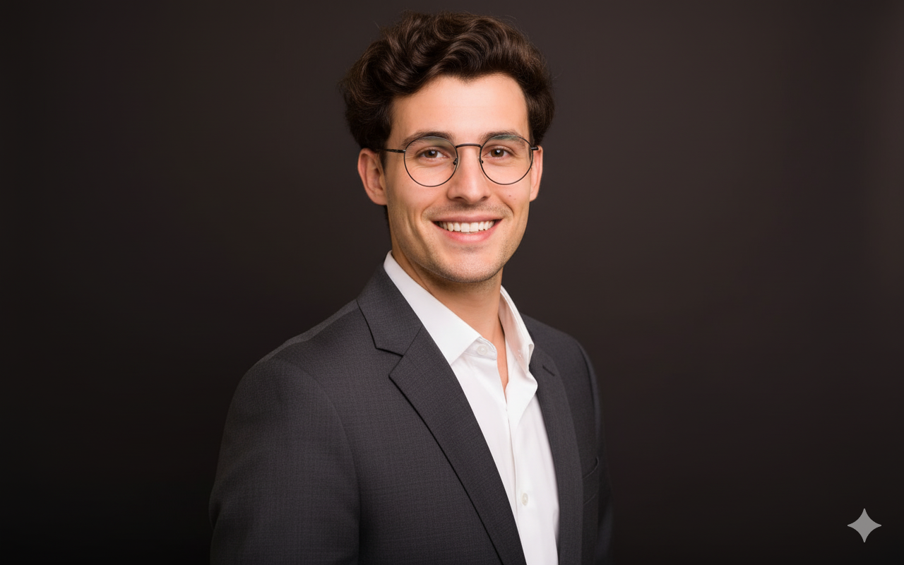A professional, high-resolution headshot of a young man with dark, curly hair and round glasses, looking calmly and competently at the camera. He is wearing a dark-toned structured casual jacket over a white t-shirt, against a solid dark gray studio backdrop. Clean, diffused lighting creates a subtle catchlight in his eyes. The focus is sharp on his eyes, with a shallow depth of field and soft bokeh, rendering crisp detail on the jacket, his hair, and natural skin
