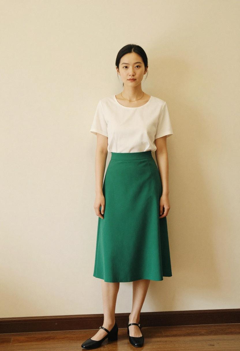 Emerald green midi skirt with ivory blouse and strappy Mary Janes for minimalist office elegance