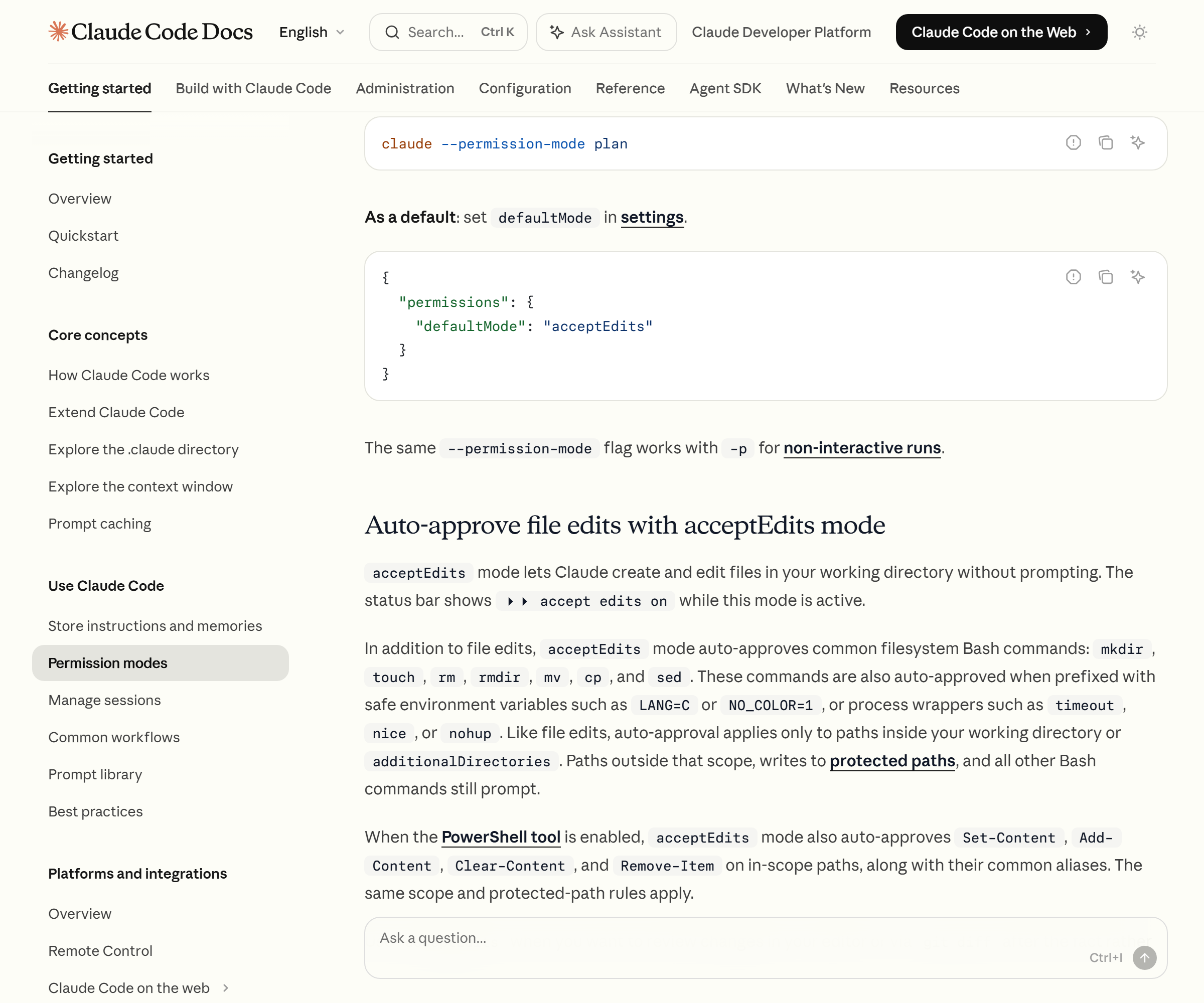 Claude Code official docs — explanation of the permission modes' auto-approval scope and protected paths (Source: Claude Code official docs)