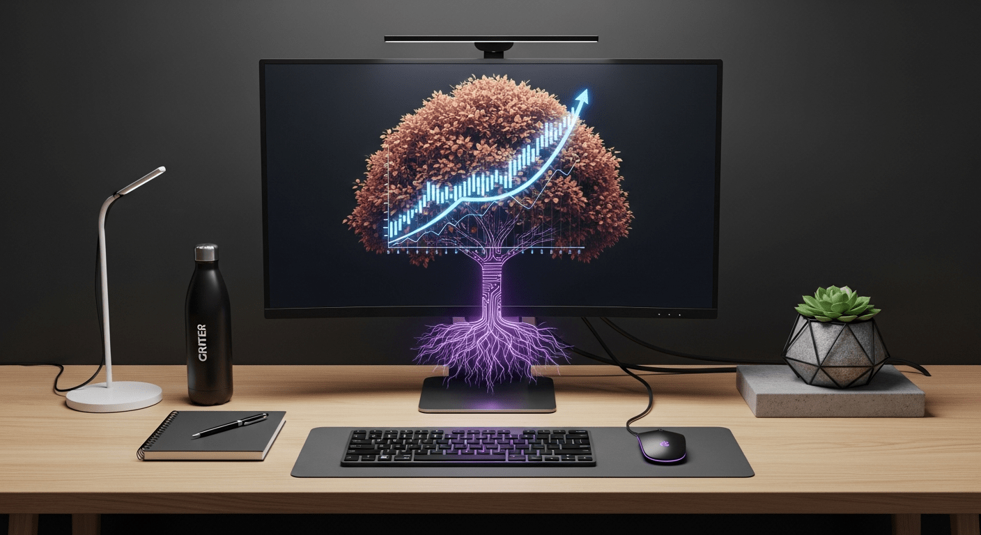 A digital tree with data roots growing from a screen, symbolizing organic growth.