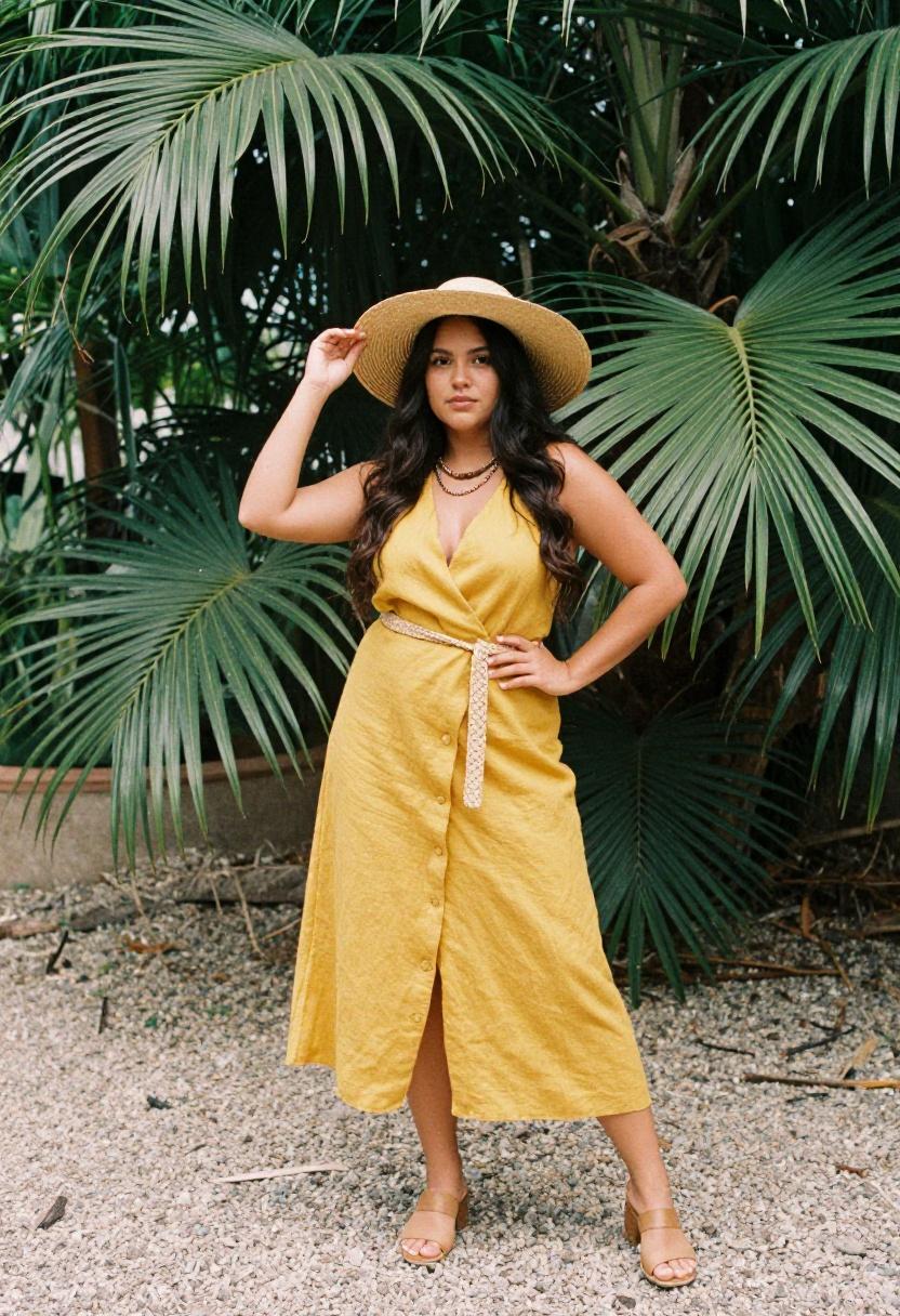 Saffron yellow linen wrap dress with woven belt in a tropical outdoor setting