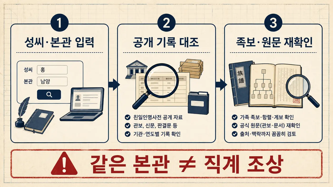성씨 본관 입력부터 공개 기록 대조와 족보 원문 재확인까지의 친일파 스캐너 해석 절차