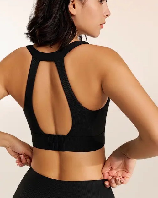 Ribbed Seamless Longline Sports Bra Set – High-Waisted Lavender Workout Set, Back view