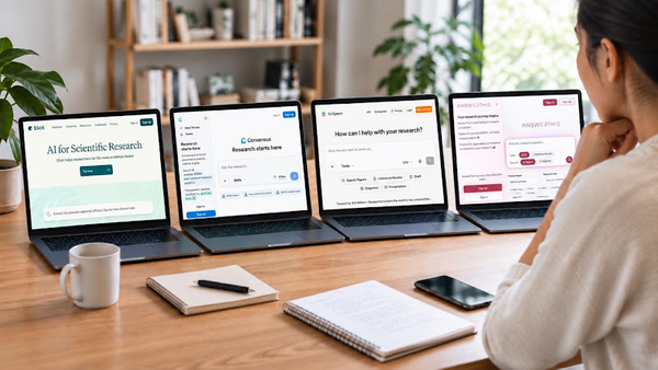 Photograph showing four laptops arranged on a desk for comparing AI-powered scientific research tools, with a woman reviewing screens.