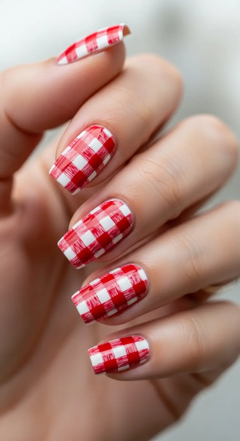 Red Gingham Print Hand-Painted Square Nails