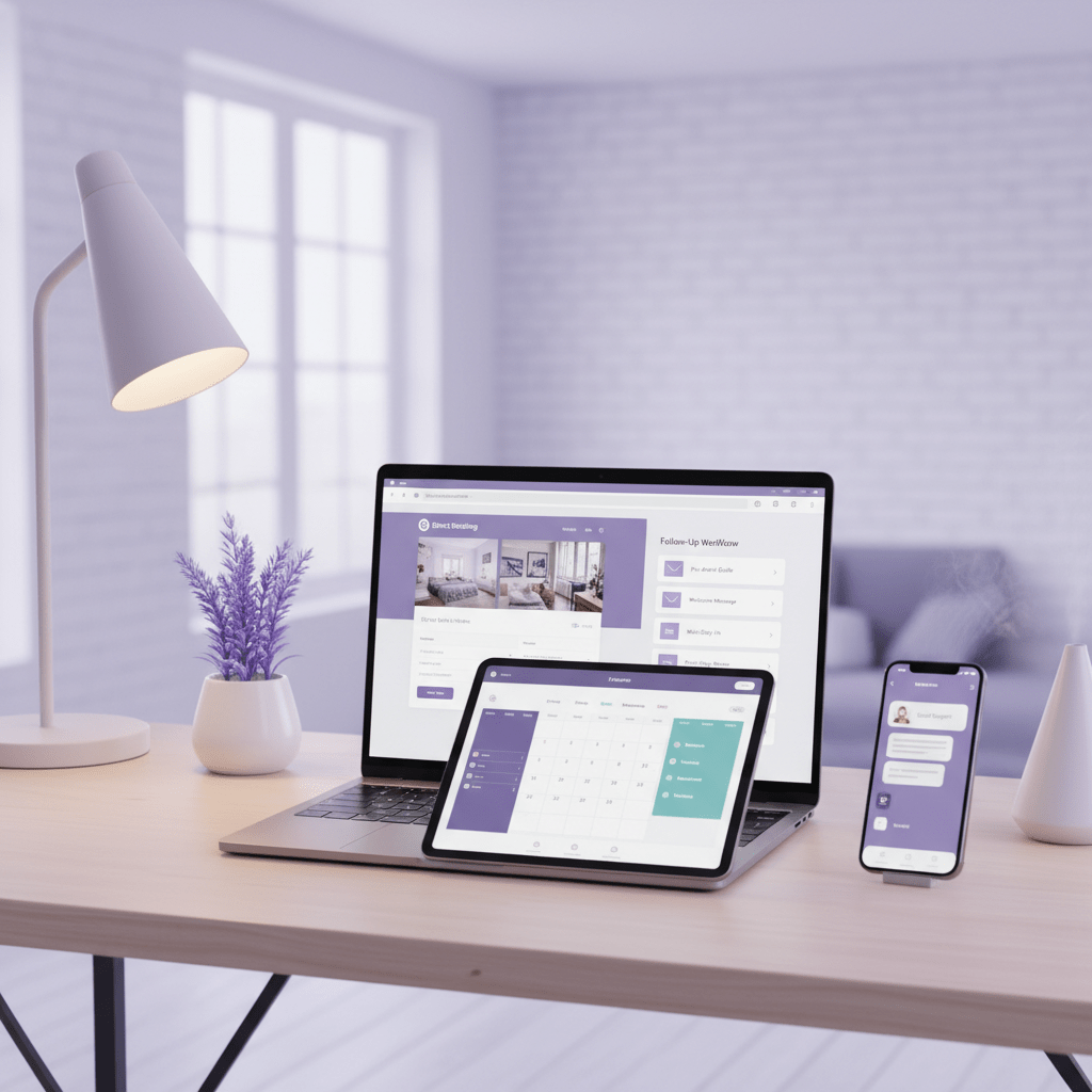 A clean direct booking website and email automation workflow on a modern laptop