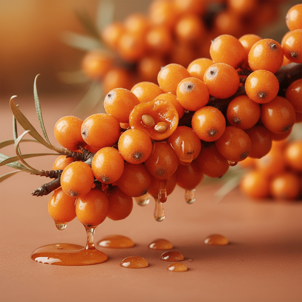 Sea buckthorn berries and oil drops on a skincare surface