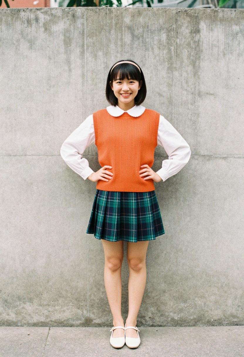 Tangerine orange sweater vest over puff-sleeve blouse and plaid mini skirt, playful retro-preppy look