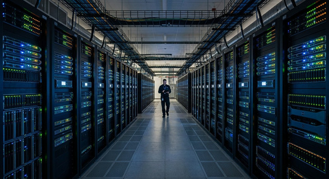 Glowing server racks in a modern data center representing scalable infrastructure