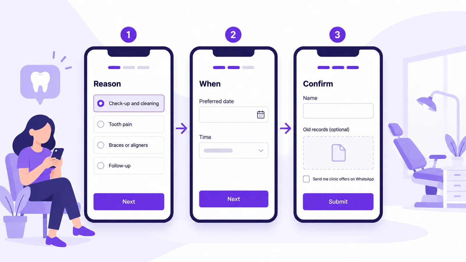 WhatsApp Form for dental appointment booking: reason choice, preferred date and time, optional records upload and an opt-in checkbox