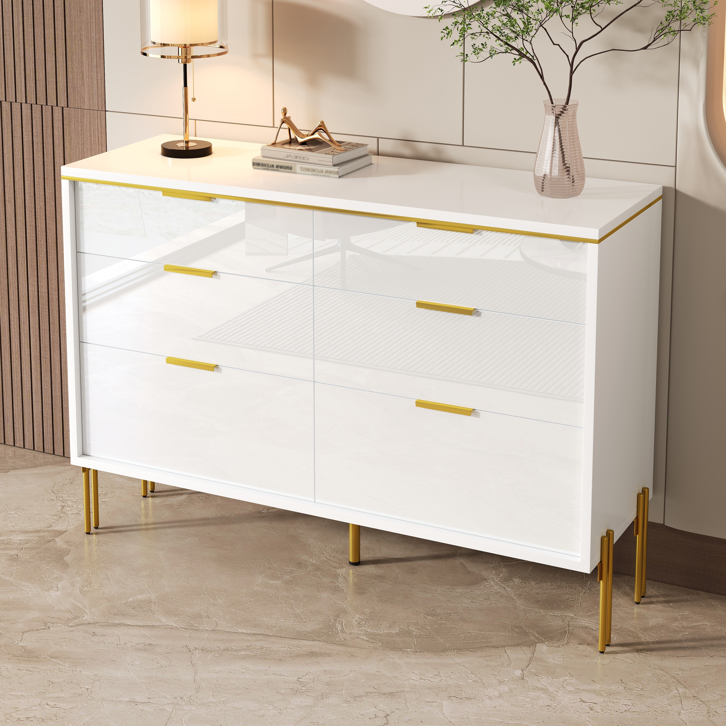 Buffet Blanc, 6 Tiroirs, Rangement, Design Moderne, Structure Robuste - Panneaux de Particules - 120x40x85.5cm 3