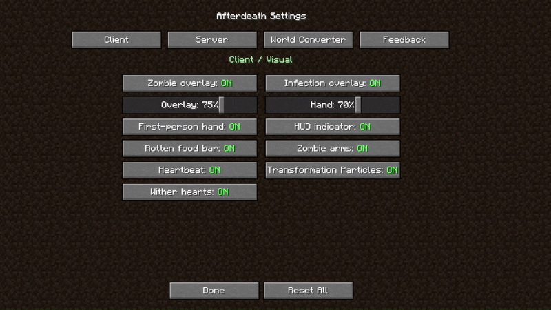all mod settings (and completely reworked Server Tab and the new per-world configuration profile setup)