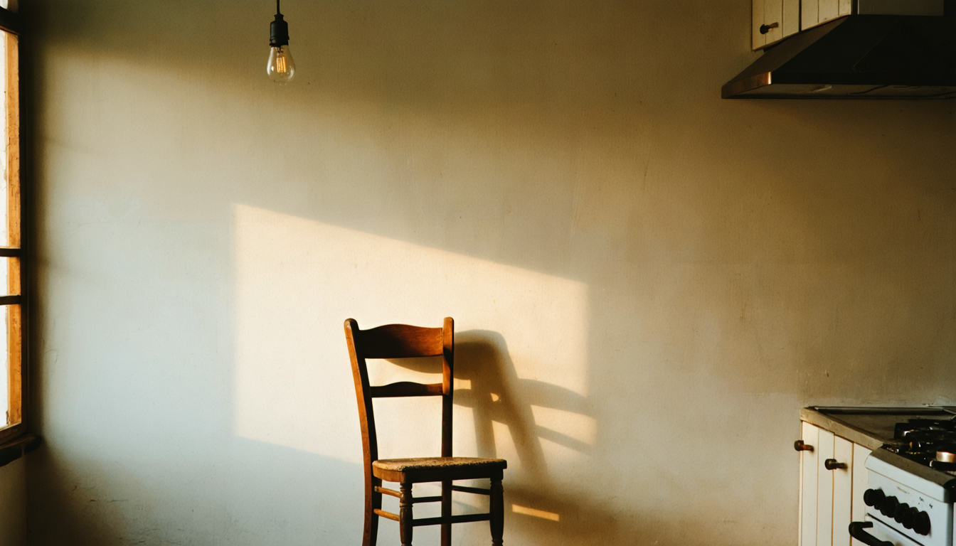 A worn wooden kitchen chair under a single bare bulb, casting a sharp shadow on a linoleum floor