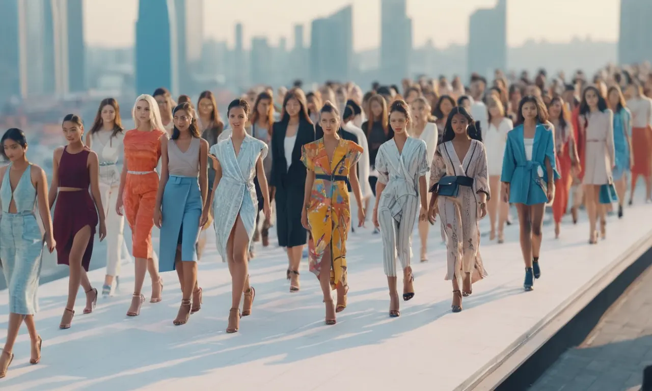 Modelos de moda de diferentes países y culturas caminando juntos en una pasarela en medio de un paisaje urbano borroso.