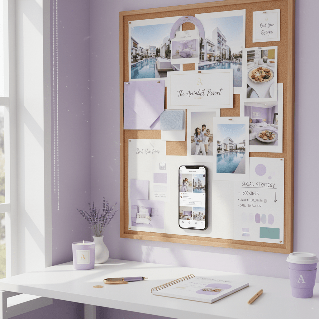 Hotel branding mood board with Instagram feed and booking strategy